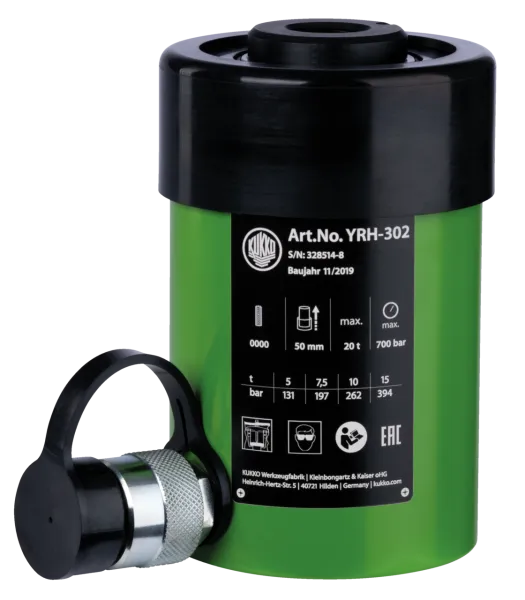 KUKKO YRH-302 Hohlkolbenzylinder mit max. 30 t Abziehkraft, 63 mm Hub, Außengewinde-Druckzylinder 4 1/2"-12 UN