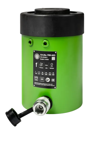 KUKKO YRH-603 Hohlkolbenzylinder mit max. 60 t Abziehkraft, 75 mm Hub, Außengewinde-Druckzylinder 6 1/4"-12 UN